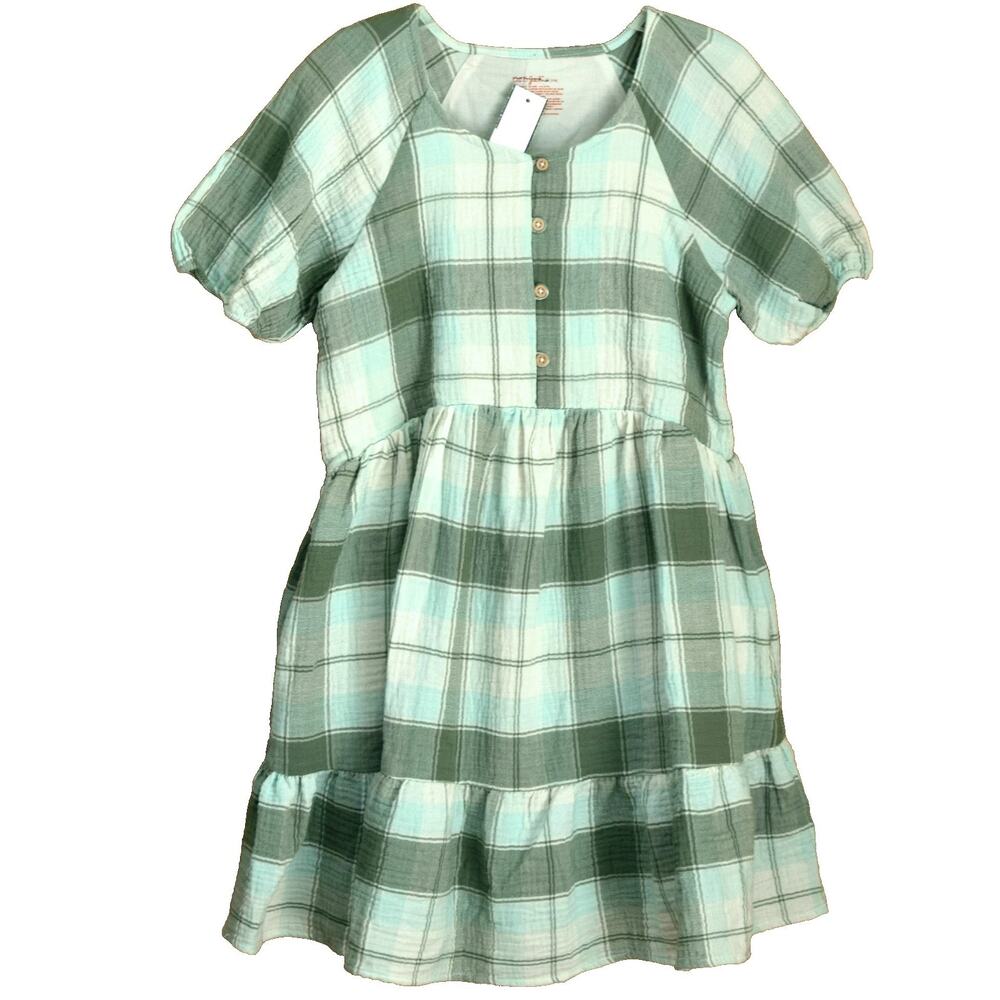 Cat & Jack Girls Crinkle Cotton Plaid Dress Sage Green Size 14 Button‑Front